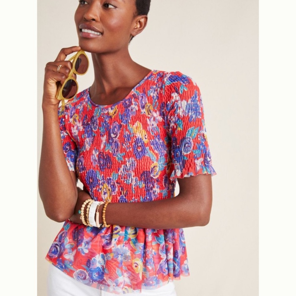 Anthropologie Ashton Smocked Peplum Top Floral Small
